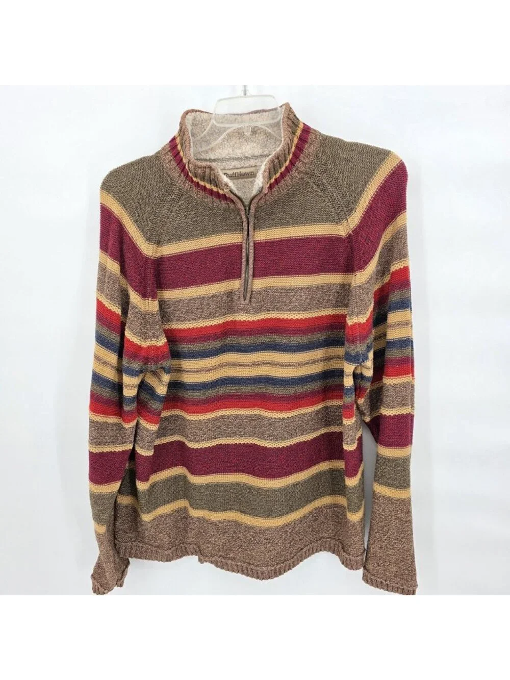 Ruff Hewn Sweater Mens 2XL Brown Stripe 1/4 Zip Mock Neck Cotton Heavyweight